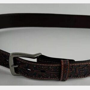3D DDD Studded Tooled Brown Leather Belt Mens 40 Silver Toned Buckle Western
